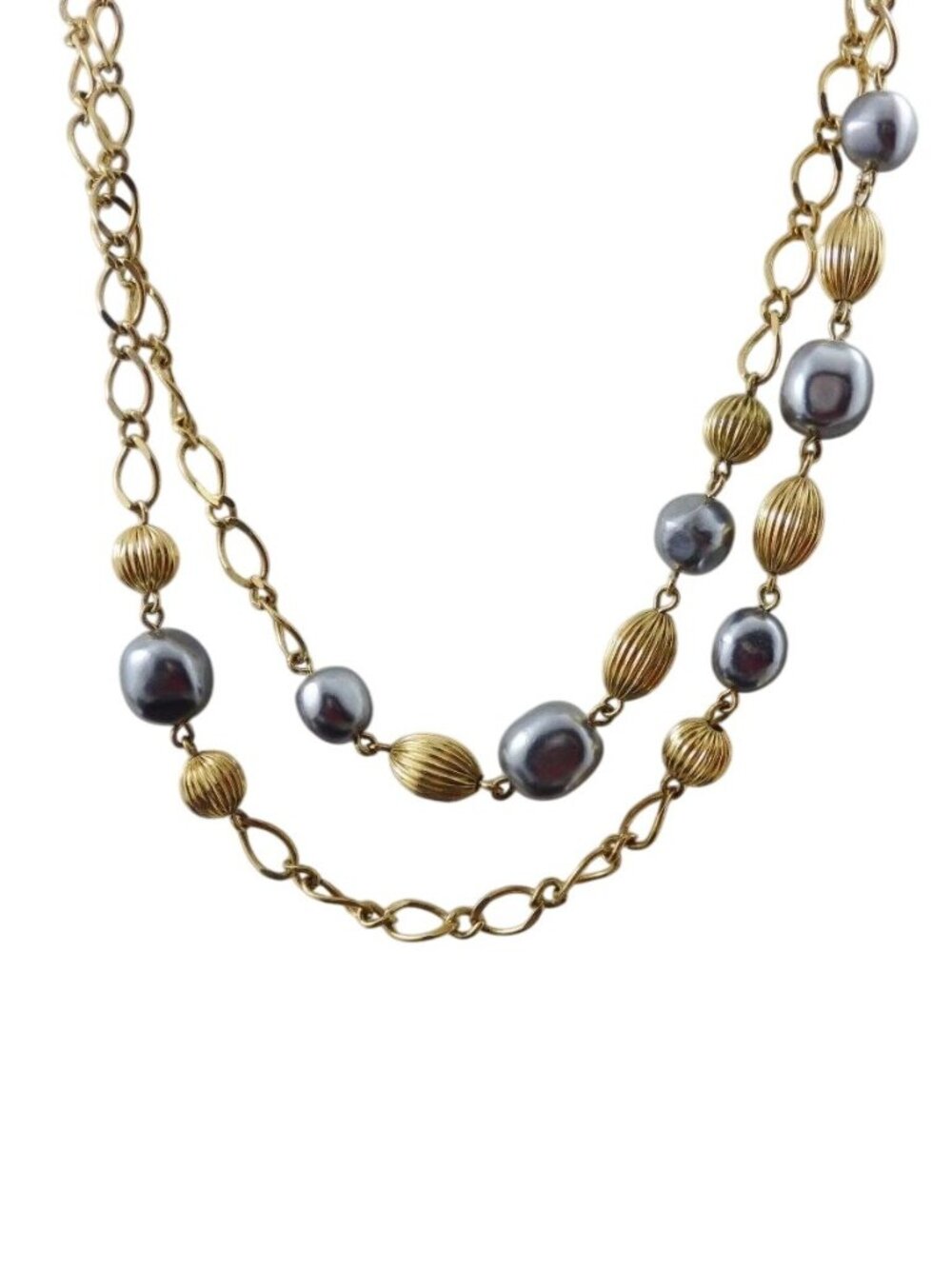 Avon Gray Faux Pearl and Fluted Beads Gold Tone Chain 36 inch Station Necklace